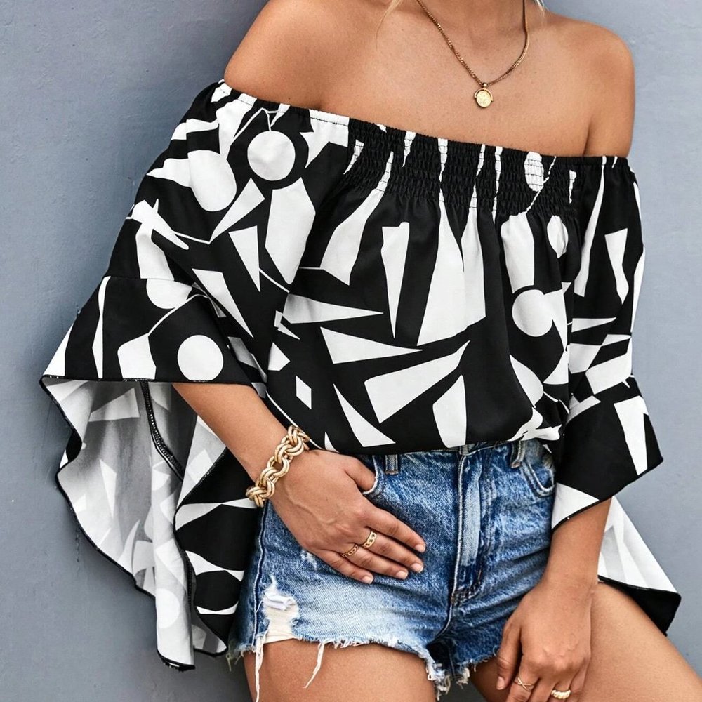 Black And White Boho Geo Print Off Shoulder Flounce Sleeve Blouse - Picture 5 of 5